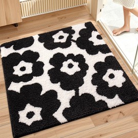 LUMI Bath Mat Rug 32"x32", Plush Non-Slip Absorbent Flower Bathroom Mat, Ultra Soft Washable Shower Rugs, Stylish Floral Square Shaped Carpet for Floor, Bathtub, Home Decor, Black Flower