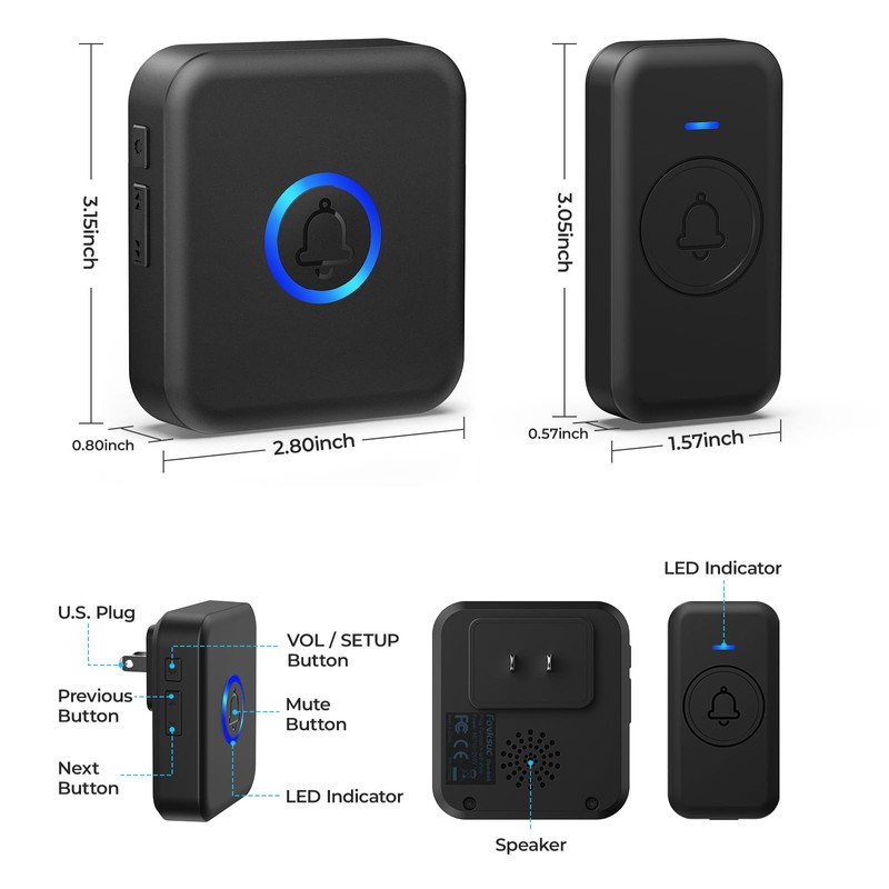 FOVKSUC Wireless Doorbell, Waterproof Door Bell with 60 Chimes, 5