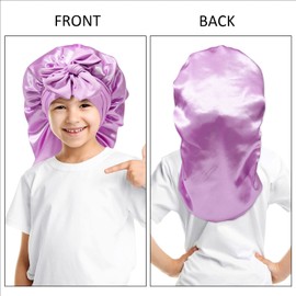 Monopa Long Toddler Silk Bonnet for Sleeping Kids Elastic Satin Bonnets for Kids Curly Hair Braid Bonnet for Boys Girls Infants Night Cap with Stretchy Tie Band(Light Purple)