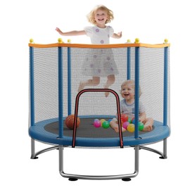 60" Kids Trampoline with Safety Net – 440lbs Capacity, Upgraded Rust-Proof Ring Legs, Adjustable Gymnastics Bar & Toys – Indoor Outdoor Toddler Trampoline for Boys & Girls Ages 1-8 (Blue)