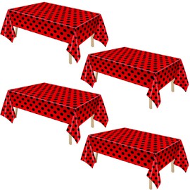 Tegeme Ladybug Tablecover Ladybug Party Tablecloth Vintage Polka Dots Tablecloth Rectangular Black and Red Table Covers for Birthday Picnic Dining Kitchen Party Decor(4 Pieces)