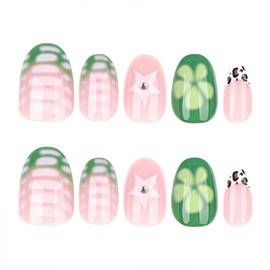 SINHOT Almond Press on Nails Short - Green Flower Fake Nails Glossy Glue on Nails Crocodile Print Leopard Print Stiletto Artificial Nail Stick on False Nail with Design DIY 24 pcs