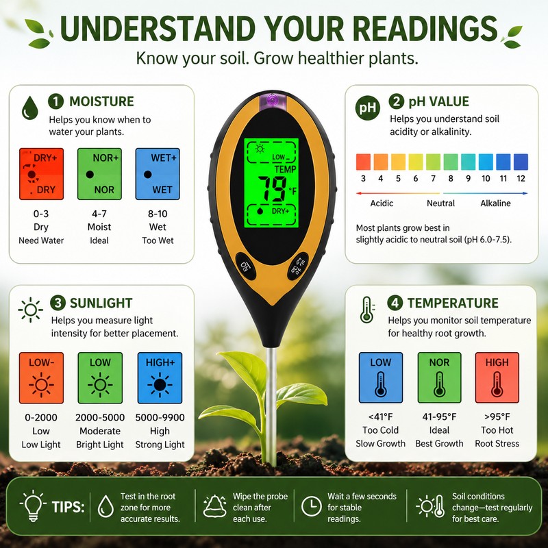 4-in-1 Soil Moisture Meter for Plants, Digital Soil pH Tester