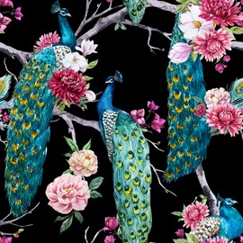 ReWallpaper Peacock Wallpaper Stick and Peel Black Green Blue Vintage Floral Wall Paper Removable Dark Peacock Contact Paper for Cabinets Self Adhesive Wallpaper for Bathroom Kitchen 17.5in X 10ft