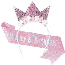 6th Birthday Sash & Crown for Girls, Glitter Princess Sash Hairband Set, 2 PCS Birthday's Decorations for Girls, Pink Flower Headband Birthday Party Decorations for Children