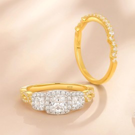 SHELOVES 925 Sterling Silver Wedding Rings Set for Women Three Stone Yellow Gold Bridal Sets Princess Cut CZ Sz 5