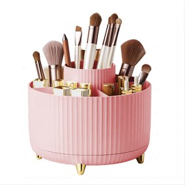 DASITON Make Up Cosmetic Organiser with 5 Compartments, 360° Rotating Brush Organiser, Large Capacity Dressing Table Organiser, Brush Holder, Skincare Organiser for Bathroom, Bedroom (Pink)