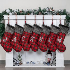 JEKOSEN Red Plaid Classic Christmas Stockings with Letters Silver Embroidered Initials Black Faux Fur Plush Cuff Traditional Hanging Xmas Stockings for Christmas Fireplace Decorations Socks 1 Pack J