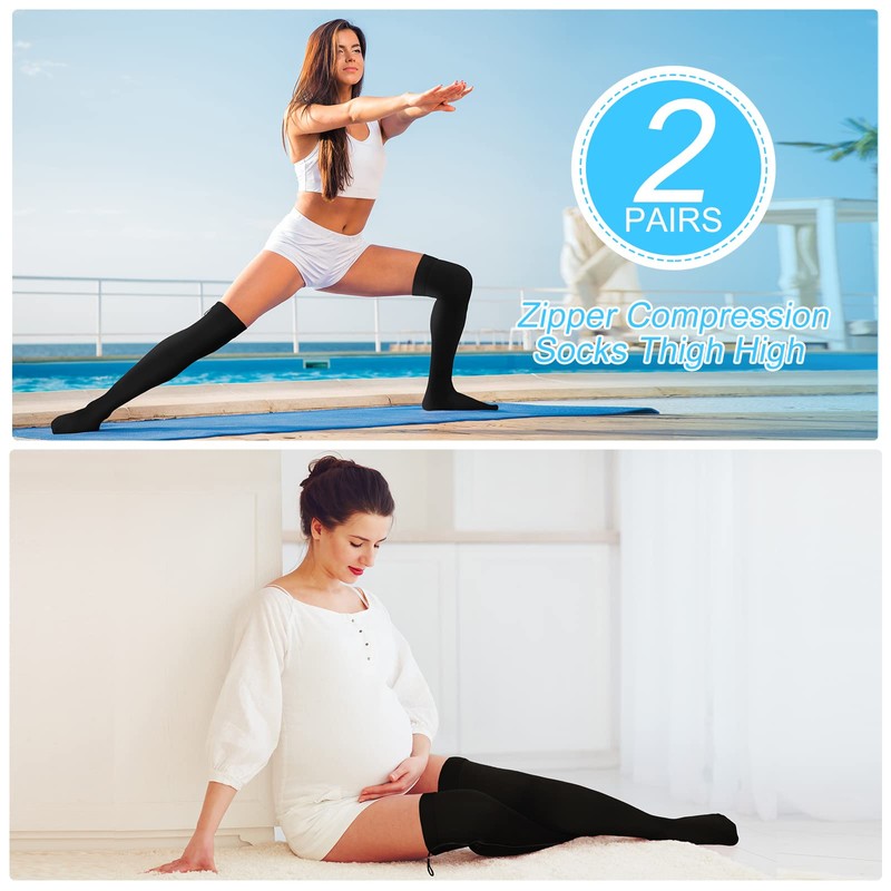 Sosation 2 Pairs Zipper Compression Socks Thigh High 20-30 Mmhg