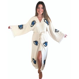 Handmade Evil Eye Kimono - Women Beach Cover Up - Festival Bohemian Robe - Boho Cotton Cardigan - Dressing Gown (Blue Eyes)