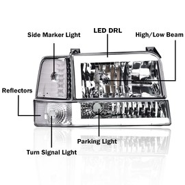 CHEDA LED DRL Headlights Assembly Compatible with 1992-1996 Ford Bronco F150/ 92-97 F250 F350 Super Duty w/Corner Signal Bumper Lamps（Clear lens Chrome Housing Clear Reflector Faros Conjunto De Faros