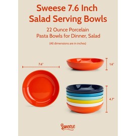 Sweese 22oz Porcelain Pasta Bowls Set - 7.6" Salad Serving Dishes, Microwave Dishwasher Safe, Set of 6, Vibrant Colors