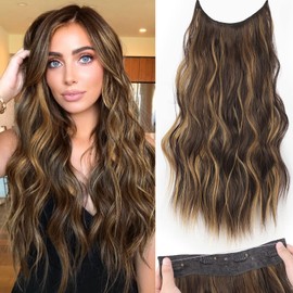 KooKaStyle Invisible Wire Hair Extensions with Transparent Headband Adjustable Size 4 Secure Clips Long Wavy Secret Wire Hairpiece 20 Inch Chestnut Brown with Blonde Highlights for Women