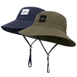 2 Pack Baby Sun Hat Smile Face UPF 50+ Kids Toddler Outdoor Bucket Hat Boys Girls Wide Brim Beach Play Hats (CA/US, Age, 6 Months, 18 Months, Navy+Army)