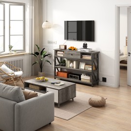 Mexin Console Table with Outlets and USB Ports, Entryway Table with Drawer Storage Shelves, Industrial Wood Hallway Sofa Table for Living Room, Couch, Foyer Table, 47 Inch Grey Oak