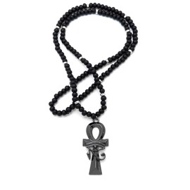 Fashion 21 Egypt Ankh Eye of Ra Pendant 6 mm 30 inches Wooden Bead Necklace (Hematite/Black+Silver Wooden Bead)