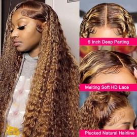 Ombre Lace Front Wig Human Hair Highlight Deep Wave 5x5 Hd Lace Closure Wigs Human Hair 4/27 Colored Glueless Honey Blonde Wig Human Hair Pre Plucked Wet Wavy Curly Human Hair Wig 180 Density 24 Inch