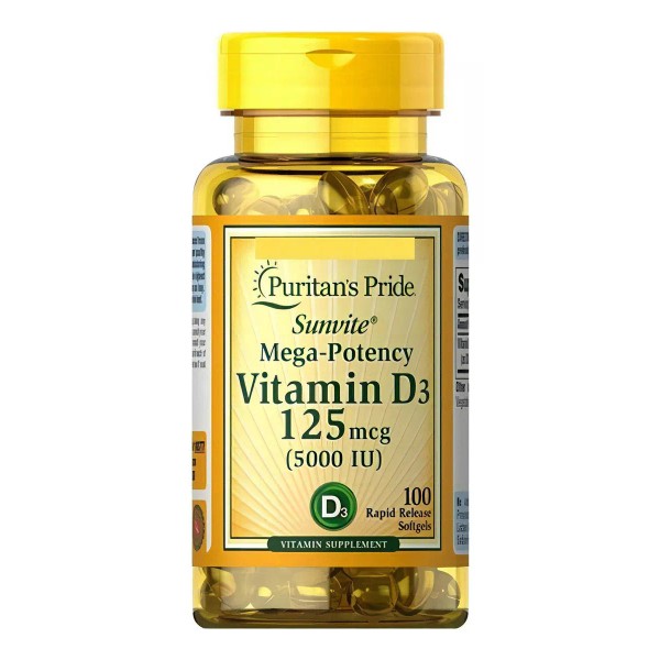Puritan's Pride Vitamina D3 Sunvite Mega Potency 125mcg 5,000 Iu 100ct Sabor Sin Sabor