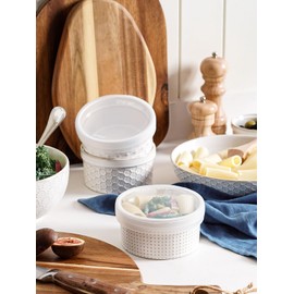 LE TAUCI Ramekins with Lids, 12 oz Ramikin Set for Creme Brulee, Souffle, Dipping Sauce, Ceramic Food Storage Container - 5 inch, Set of 4, Arctic White