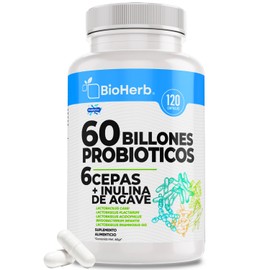 60 Billones de Probioticos + Inulina de Agave - Probioticos y Prebioticos - (120 Capsulas/ 2.5Mil Millones de UFC Por Capsula) | [Maxima Absorcion] - | 6 Variedades de Cepas | Para 180 Dias | Sin Gluten, Sin Azucar - Probiotics Blend - BioHerb.