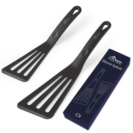 HOTEC Heat Resistant Silicone Slotted Fish Turner Spatula Set, Flipper Cooking Spatulas, for Non Stick Cookware Dishwasher Safe, Black