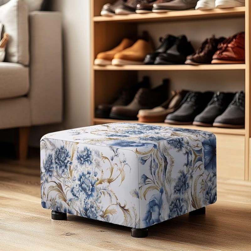 Cugasmaru Blue Flower Ottoman Cover Rectangular Stretch Footrest Stool Cover