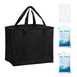 35L Foldable Cool Bag, Reusable Thermal Bag, Picnic Bag, Lunch Bag with 2 Ice Packs and 1 Small Ice Pack for Beach/Picnic/Outdoor