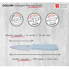 Kuhn Rikon Colori® Paring Knife – 4 Inch Japanese Stainless Steel, Nonstick Blade, Ergonomic Handle & Sheath, Light Blue