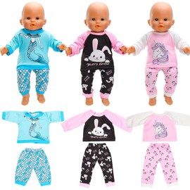 Miunana 3 Sets Sweet Baby Doll Clothes Outfits for 14-17 Inch/36-43 cm Baby Dolls Casual Clothes Pajamas 3 Tops 3 Pants Gifts for Girls Mermaid Unicorn Pattern Blue Pink(Doll Not Included)