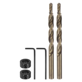 HARFINGTON 2pcs Pocket Hole Drill Bit 5/16" Dia 13/64" Tip Round Shank Replacement Twist Step Drill Bit with M8 Depth Stop Collar and Wrench for Woodworking