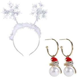Kopida Christmas Headband Snowflower Hairband Sweet Plush Hair Hoop Cute Snowman Earrings New Year Drop Earrings Christmas Party Decor Prop Christmas Jewelry