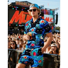 Fashonal Cat Hawaiian Men Shirts and Shorts Sets, Hawaiian Suit for Men Beach Tracksuits Casual Short Sleeve Summer 2 Pieces Outfit Sets, Cat-Design Black Size M