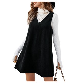 COZYEASE Women's V Neck Corduroy Pinafore Overall Sleeveless Corduroy Flared Hem Corduroy Dress Without Sweater Black L