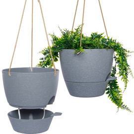 SwinDuck 10 Inch Self Watering Hanging Pots, 2 Pack Hanging Planters with 40oZ Deep Reservior for Indoor Outdoor Plants Flowers, Grey