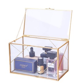 Utopz Decorative Clear Glass Box with Golden Geometric Line & Brass Shadow Box, Jewelry Display Treasure Case