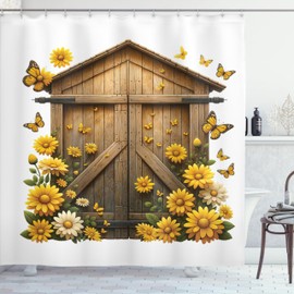 ABAKUHAUS Rustic Shower Curtain, Farmhouse Lover Countryside Wooden Barn Cottage Summer Flowers Butterfly, Cloth Fabric Bathroom Decor Set with Hooks, 78 Inches, Earth Yellow and Cocoa