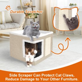 Loyareal Cat Houses for Indoor Cats - Large Cat Bed Cave with Scratch Pad and Fluffy Ball, Foldable Cat Condo Hideaway with Reversible Cushion for Multi Small Pet, Khaki