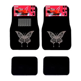 Universal Fit Car Truck Front/Rear 4-Piece Full Set Crystal Bling Rhinestone Design Studded Black Carpet Floor Mats - Pack of 4 (AB Butterfly-Black)