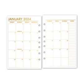 Foiled Half Rings Month on 2 Pages Planner Calendar Refill, 5.5" x 8.5", Sunday Start, Dated Monthly View, Full 12 Months, Choose Dates & Foil Color