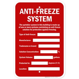 Anti-Freeze System The Sprinkler System Sign 12x18 Inches, Rust Free .063 Aluminum, Fade Resistant, Made in USA by My Sign Center