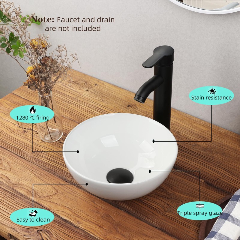 11 Inch Round Bathroom Sink Above Counter, Small White Ceramic