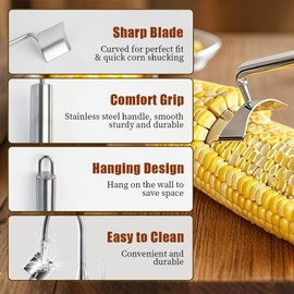 Mulaibdin 2Pcs Corn Peeler for Corn on the Cob, Long Handle Remover Corn Peelers with Corn Holder, Stainless Steel Corn Stripper Quickly Shucking Easy Clean Corn Scraper Tool for Kitchen Dining