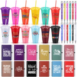 Teenyyou 36 Pcs Nurse Week Gifts 24 oz Plastic Cups with Lids Straws Inspirational Notepads Motivational Pens Nurse Appreciation Nursing Graduation Gift for Woman Coworker Office Supplies (Celebrate)