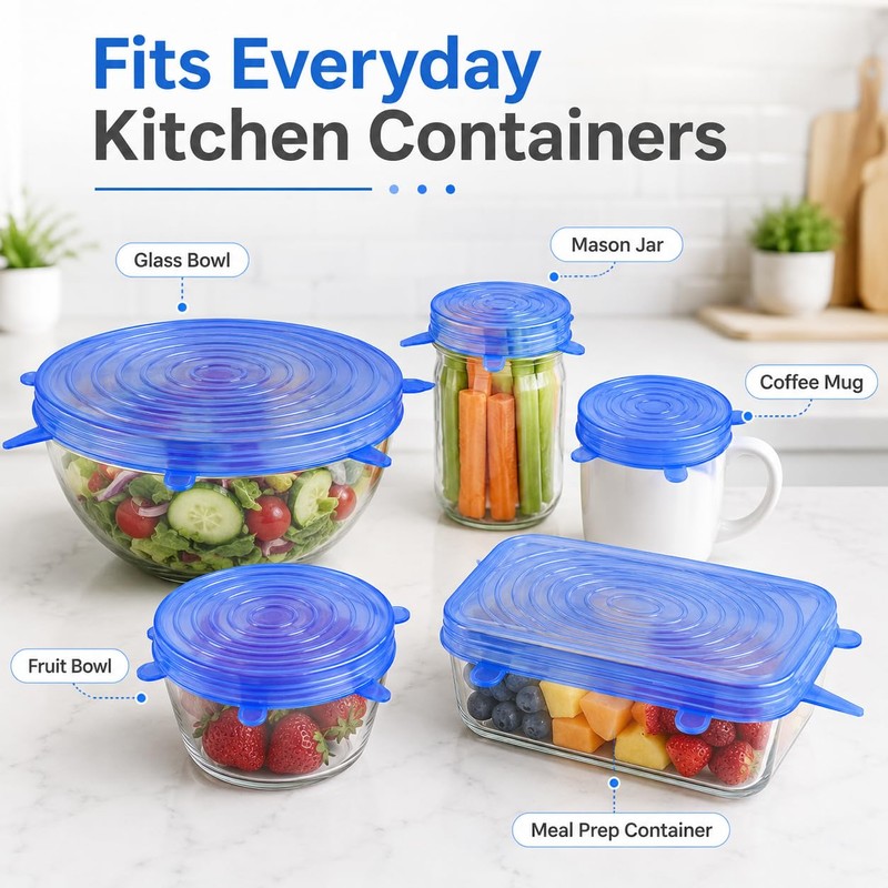 6pcs Reusable Silicone Stretch Lids, Six-piece Set Of Silicone Fresh-keeping