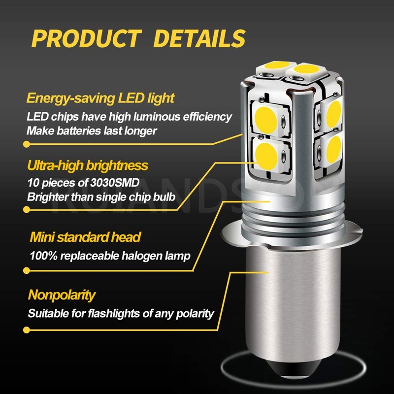 Ruiandsion White P13.5S LED Flashlight Bulb, 6-40V Universal Upgrade (6V/9V/12V/18V/19.2V/24V)
