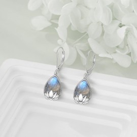 Labradorite Lotus Earrings for Women 925 Sterling Silver, Lotus Flower Labradorite Teardrop Dangle Earrings Gifts for Mother Wife, Sterling Silver, No Gemstone