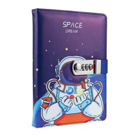 Mazeran Combination Lock Journal, PU Leather Hard Cover Space Astronaut Theme Notebook Cute Diary, A5 Lined Password Locking Personal Planner Secret Organizer Gift for Kids Teens