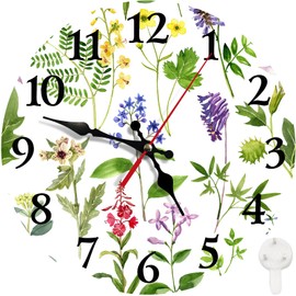 Britimes Round Wall Clock Silent Non-Ticking Battery Operated Clock 10 Inch, Summer Spring Green Herb Plants Flower Home Decor for Living Room, Bathroom, Bedroom, Kitchen, Office and School