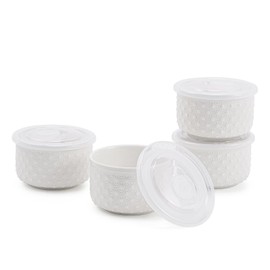 Mosuji 10 oz Set of 4 Oven-Safe Porcelain Ramekins with Lids, Large White Souffle and Creme Brulee Baking Dishes, Ramekin Bowls for Sauce and Dessert