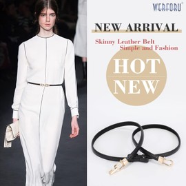 WERFORU Women's Skinny Belt for Dress, Thin Waist Belt, Adjustable Leather Belt with Golden Buckle, B-Black+White